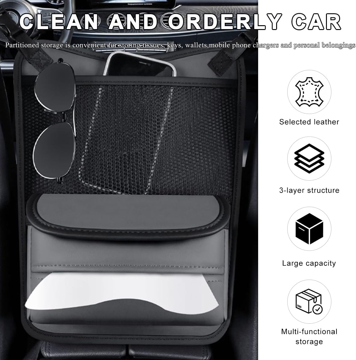 Car Organizer Storage Between Seats, Leather Car Console Hanging Storage Organizer with Mesh Pocket Tissue Box, Multi-Functional Large Capacity Headrest Holder Bag for Purse Snack (Gray)