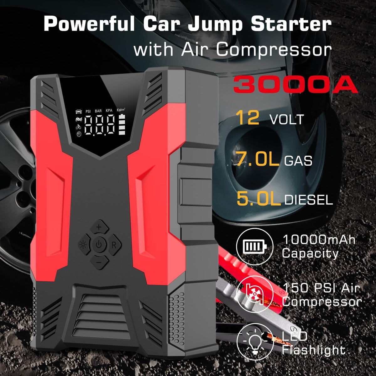 Car Jump Starter with Air Compressor, 3000A Peak Portable Battery Built-in Air Compressor and Air Hose, 150PSI Tire Inflator Up to 7.0L Gas/5.0L Diesel USB QC 3.0 10000mAh Power Bank, LED Flashlight