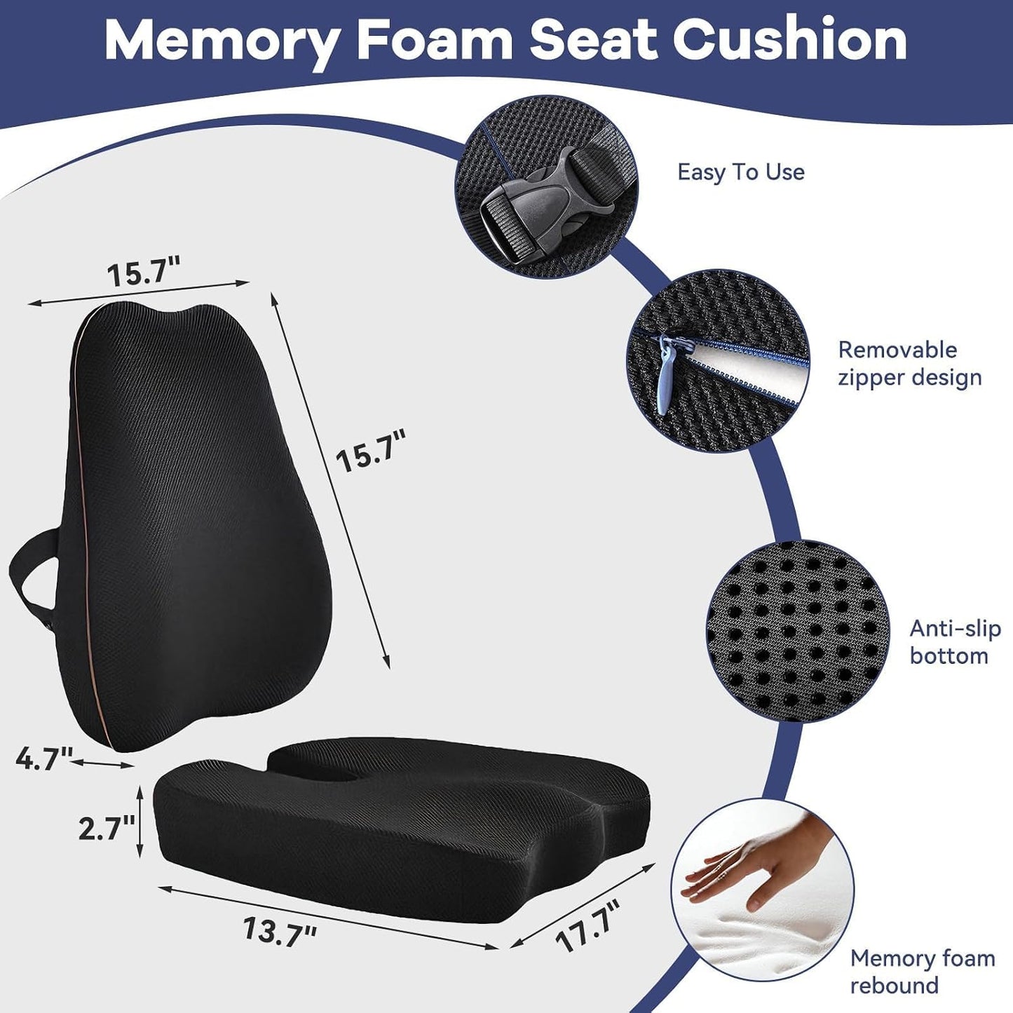 Car Seat Cushion,Lumbar Support Pillow for Office Chair – 3D Breathable Mesh Memory Foam Pad,Non-Slip Truck Seat Cushion with Adjustable Strap, Lower Back Support for Car, Office, Gaming Chair, Black