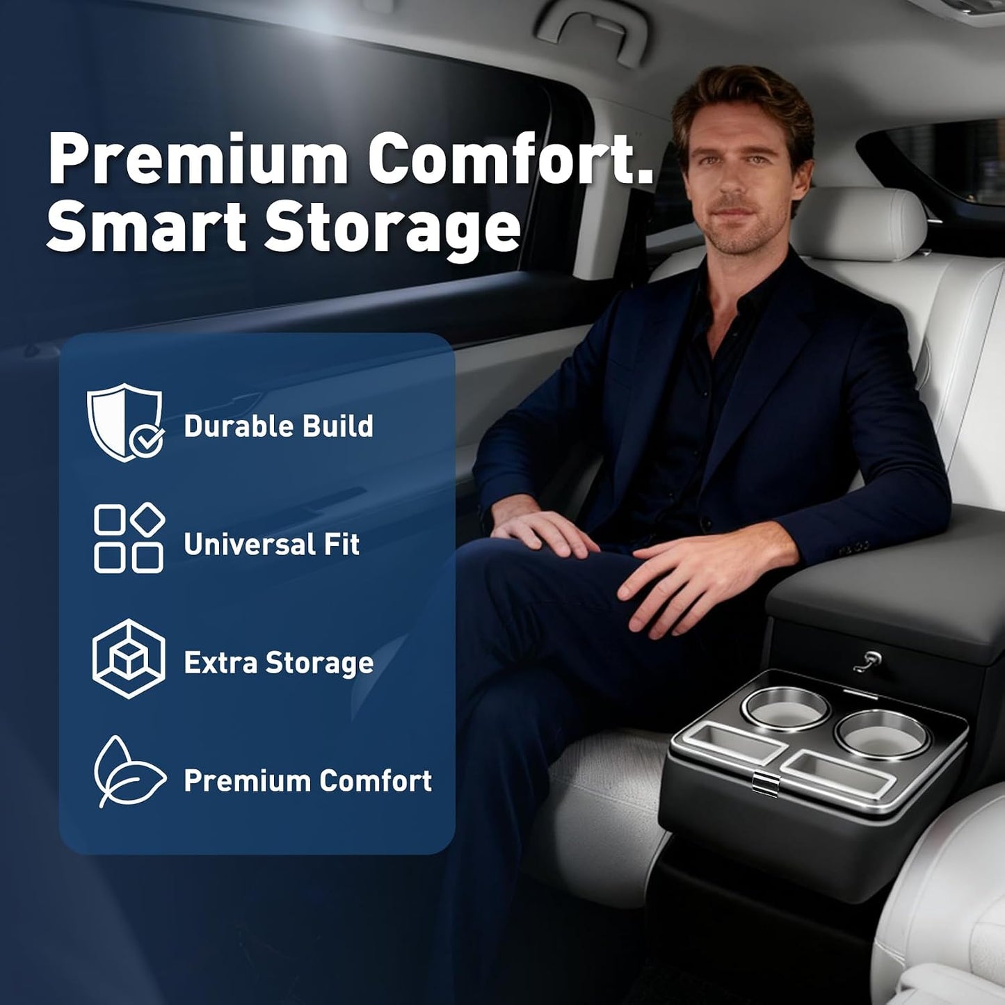 20"L x 9.65"W x 13.78"H, 24L Center Console Between Seats for Minivans, SUVs & Trucks, Floor/Bench Seat Organizer with Locking Hidden Storage, Dual Cup Holders & Armrest, No-Drill Installation