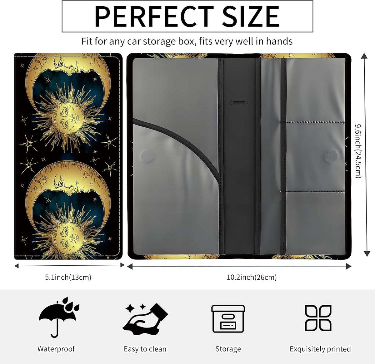 Premium Car Registration and Insurance Card Holder, Cute PU Leather Car Document Holder, Vehicle Glove Box Car Organizer with Magnetic Closure for Driver License, Cards Golden Sun and Moon