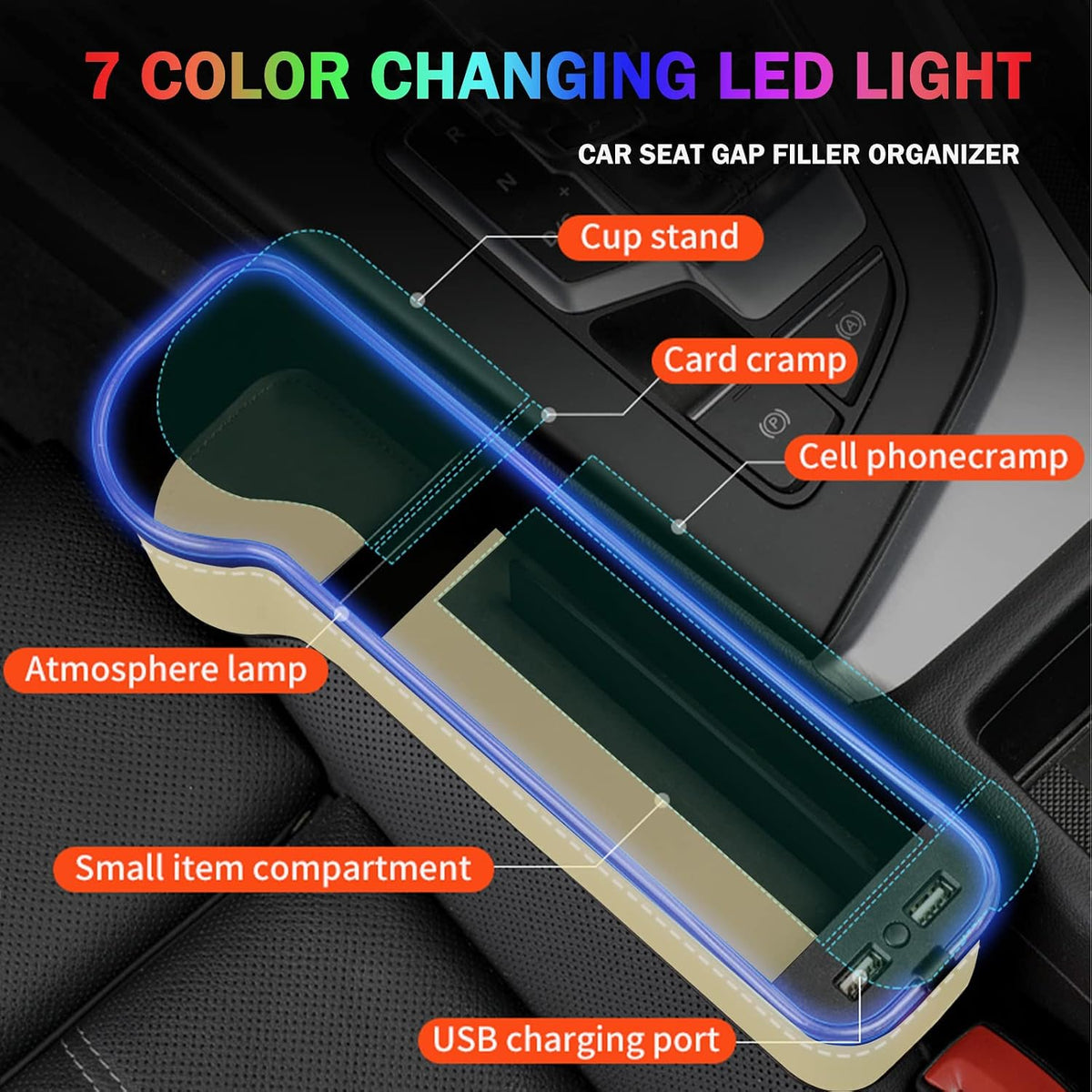 Car Seat Gap Filler Organizer, 2 Pack Multifunctional Car Seat Organizer, 7 Colours Changing LED Car Seat Seam Filler, Auto Console Side Storage Box with Cup Holders (beige)