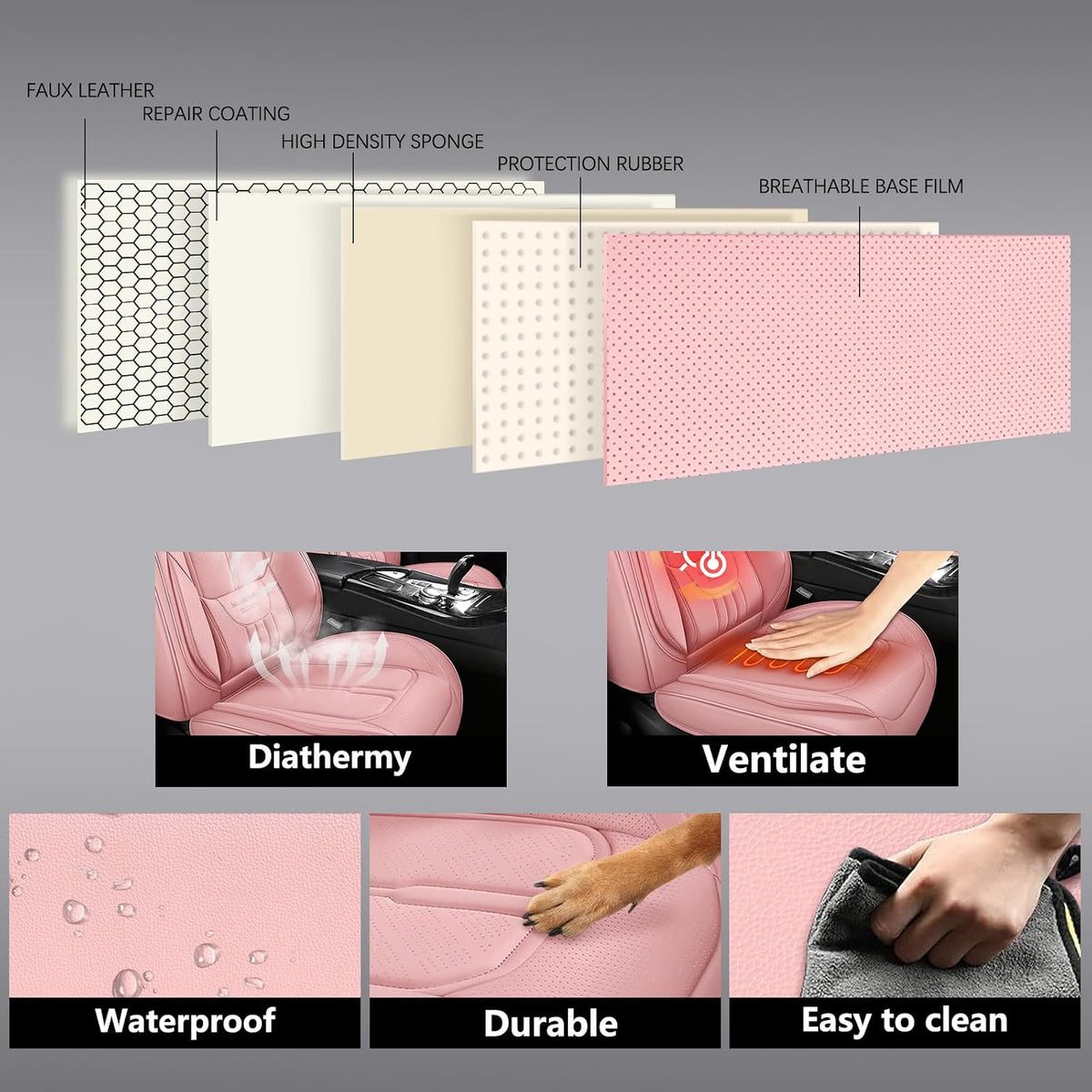NS YOLO Universal Fit Premium Pink Leather 5-Seats Car Seat Covers