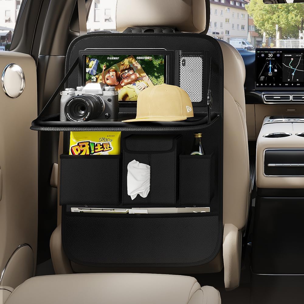GMQ Back Seat Car Organizer 1 Pack,Backseat Organizer with Tray,Multifunctional Car Seat Back Storage Box with Foldable Tablet Holder (Carbon Black, Weave)