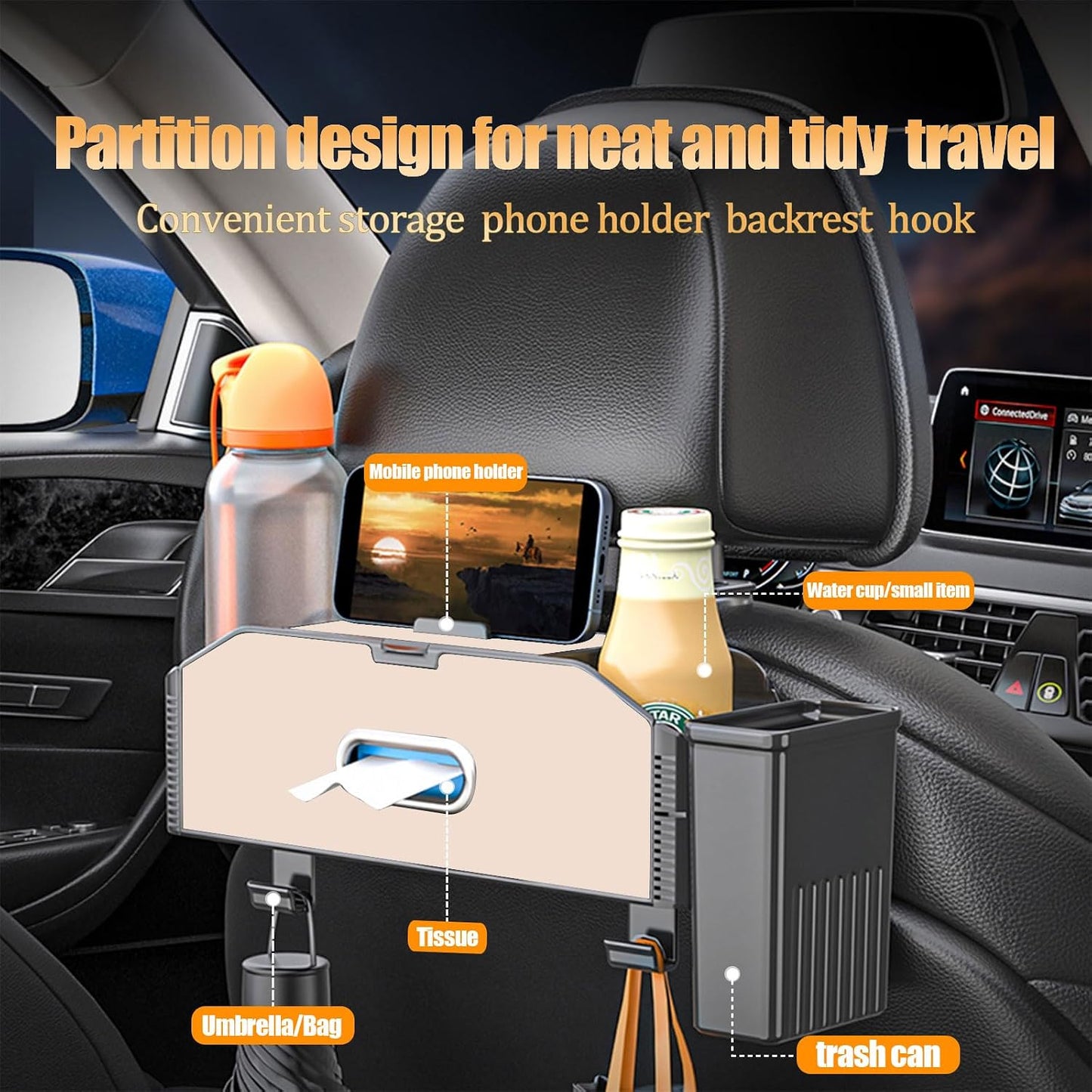 Back Seat Car Organizer,5 in 1 Multifunctional Car Back Seat Storage Box with Trash Can Drink Cup Holder Tissue Box, for Hold Phone,Snacks, Drinks, Handbag-Beige
