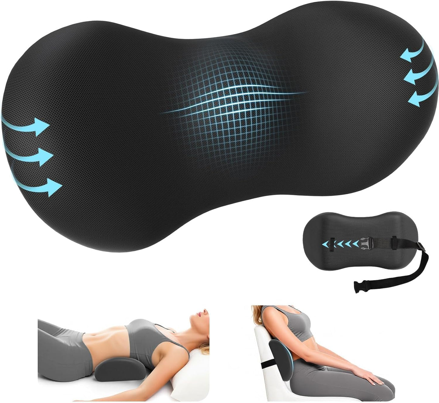 SweetSlubr Lumbar Support Pillow for Office Chair - Memory Foam Lumbar Pillow with Detachable Strap & Breathable Cover, Ergonomic Back Support for Office Chair, Car Seat Cushion, Bed Rest (Blue)