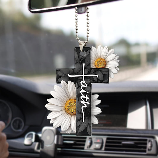 Talataca Christian God Jesus Cross Faith White Daisy Flower 2D Flat Car Rear View Mirror Accessories Christmas Tree Ornament Decoration Hanging Charm Interior Rearview Pendant Decor Gift