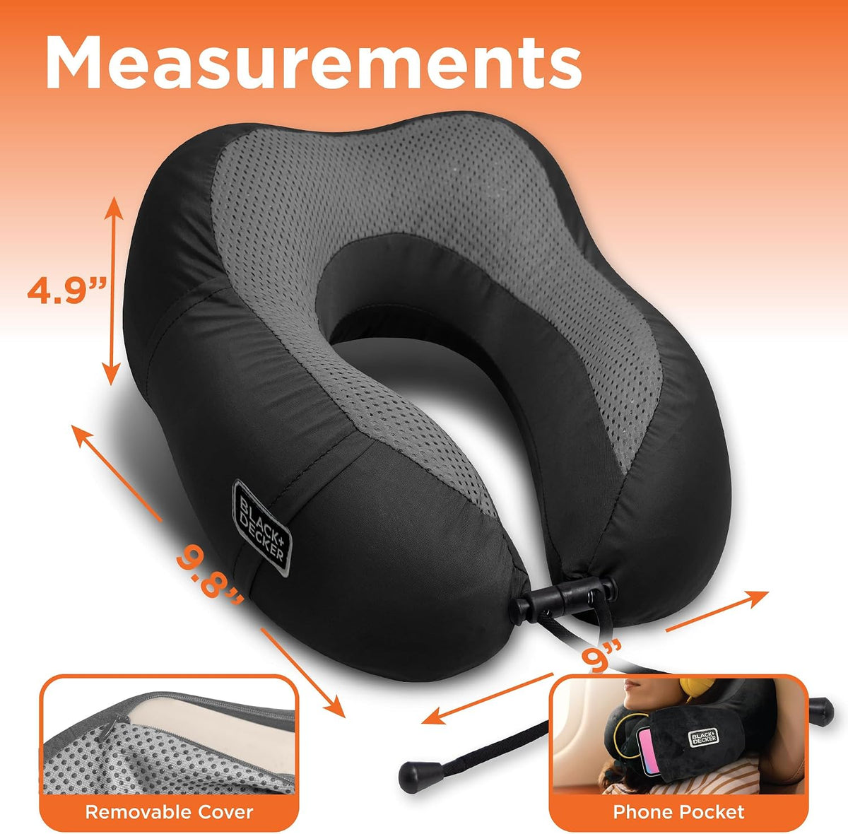 BLACK+DECKER Cooling Gel Memory Foam Neck Pillow – Travel Pillow for Plane, Car &amp; Train – Ergonomic Neck Support, Slow Rebound Memory Foam, Washable Cover, Universal Fit, Black