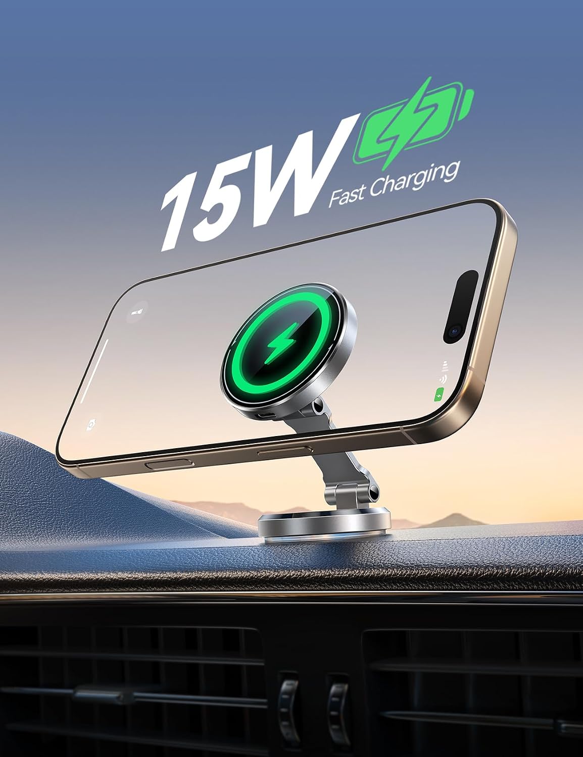 MagSafe Car Mount Charger with 360° Rotatable Charging Panel & Base, Silver