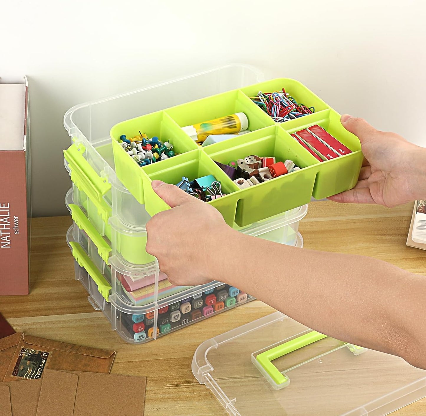 JUXYES 4-Tiers Plastic Stack Carry Storage Containers Box wih Handle Lids | Clear Stackable Latching Storage Bin With 2 Tray for School Office, Organizing Sewing, Art Craft, DIY Supplies, Green