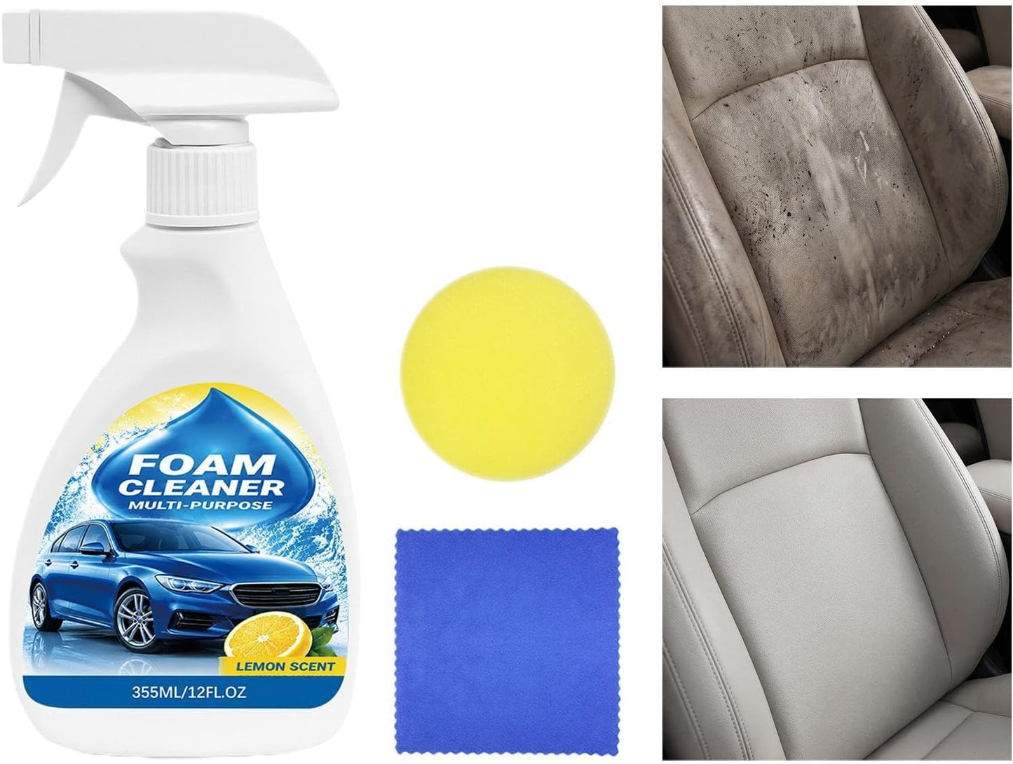 Foam Cleaner for Car 355ML Fruit Fragrance Seat Detailing Spray | with Sponge and Towel No Rinsing Car Seat Cleaner for Truck SUV RV Trailer Kitchen Upholstery Carpet Fabric