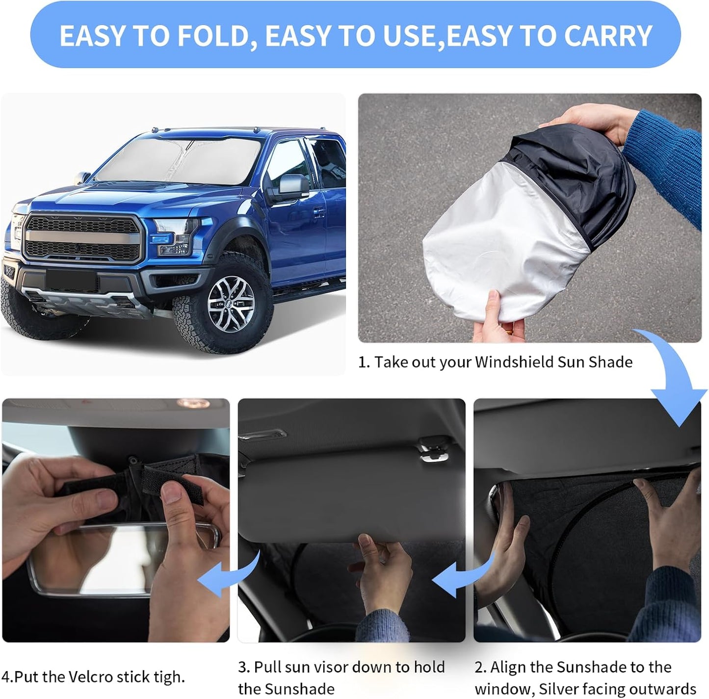 for Ford F150 F-150 F250 F350 F450 2015-2020 Sun Shade Sunshade Windshield Cover - 4 Layers Front Window Shade 250T Foldable Shade Custom Sun Visor Blocks UV Rays Truck Accessories