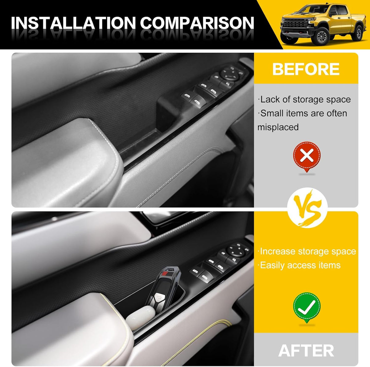 4PCS Door Handle Organizer for 2022-2025 Chevy Chevrolet Silverado/GMC Sierra Front & Rear Door Side Storage Box Phone Pocket Tray Inserts Accessories