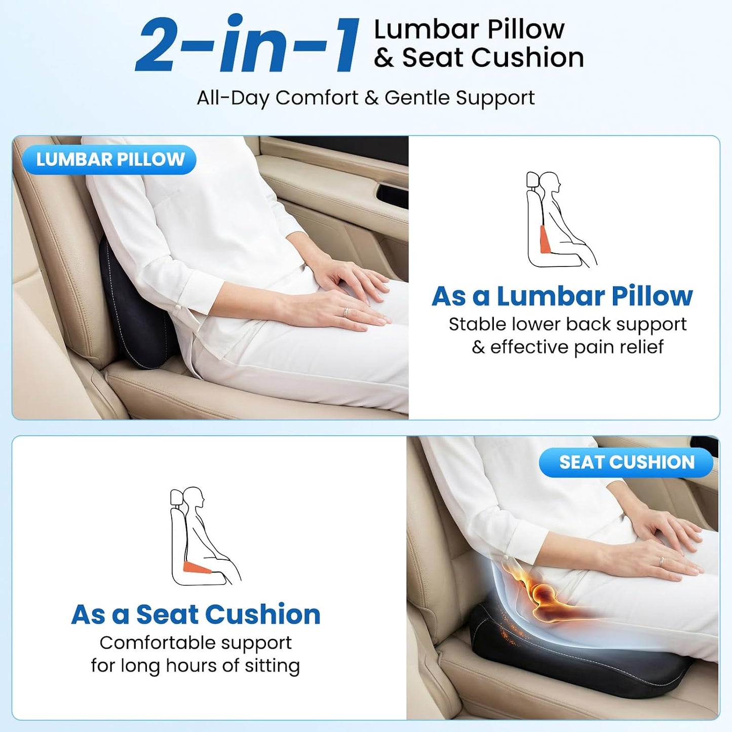 Car Lumbar Support Pillow for Driving, 2-in-1 Seat Cushion | Ergonomic Memory Foam for Driving Comfort, Improves Posture, Breathable Fabric, Fits Cars, Trucks & Office Chairs
