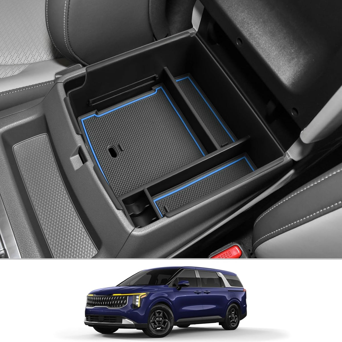 CDEFG for 2025 Kia Carnival Center Console Organizer Tray 2022-2025 Kia Carnival LX LXS EX SX SX Prestige Accessories Middle Console Organizer 2025 Carnival Armrest Storage Box(Blue)