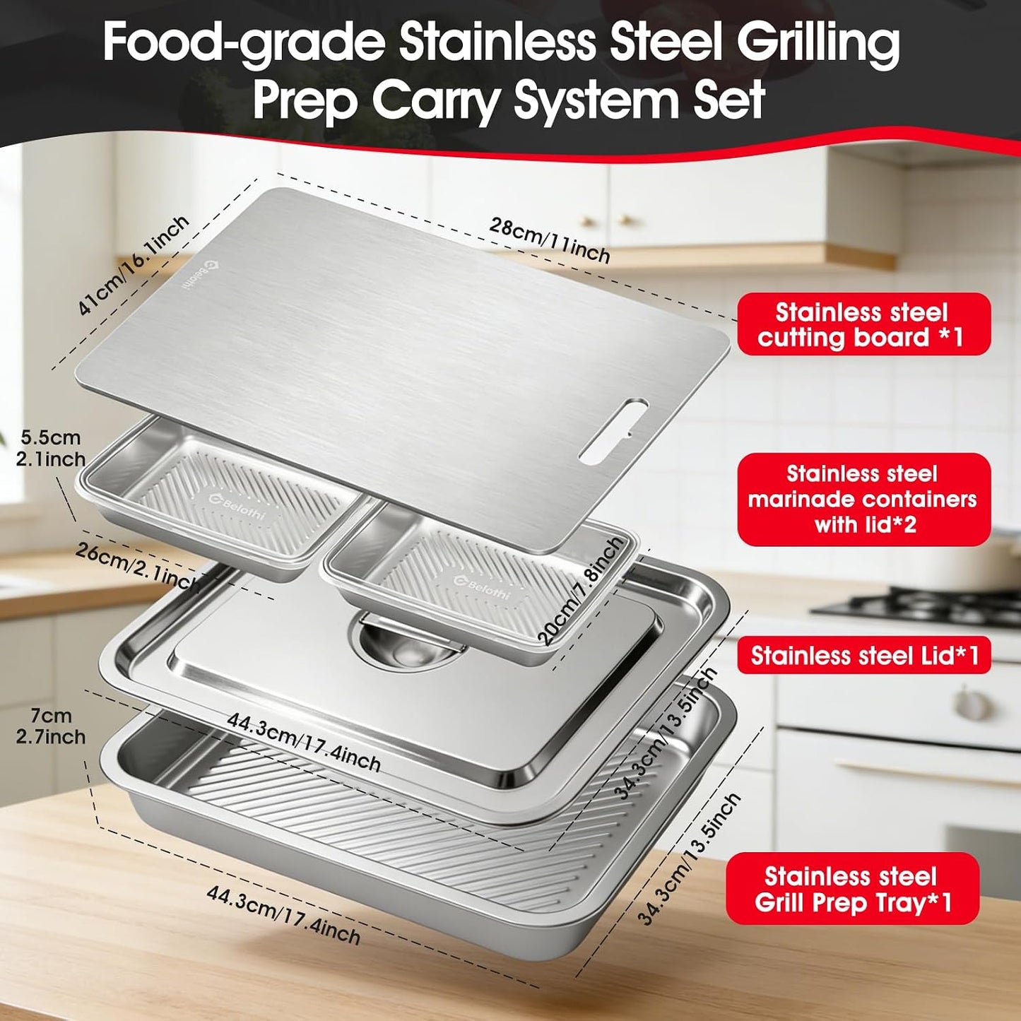 7-in-1 Stainless Steel Grill Prep Trays & Carry System, Large Lidded Marinating Containers with Cutting Board & 2 Food Storage Containers with Lids, Stackable BBQ Grill Accessories for Outdoor Cooking