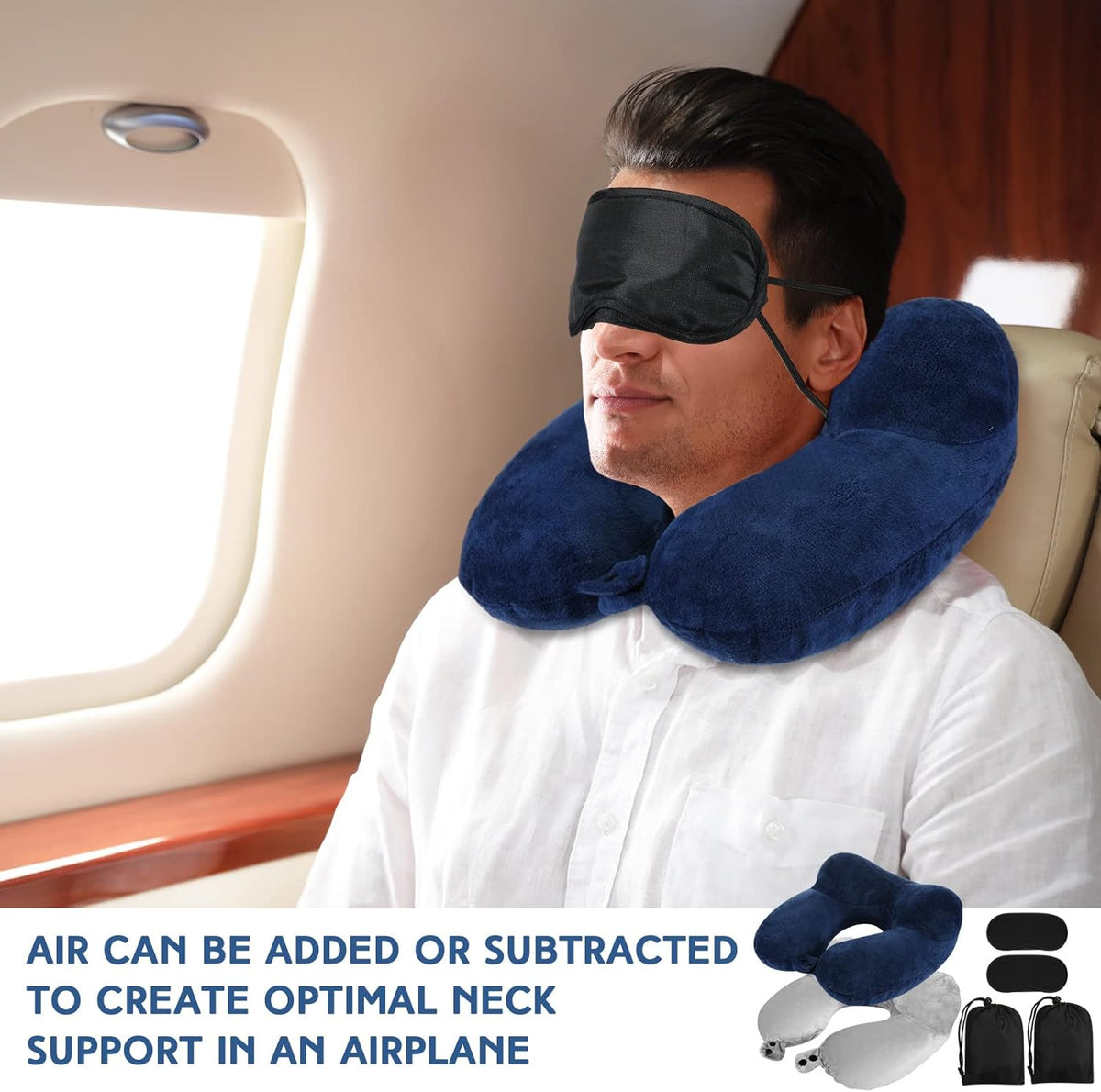 Sintuff 2 Pack Inflatable Travel Pillow for Airplanes Inflatable Neck Flight Pillows with Compact Bag and Blindfold for Traveling, Airplane, Train, Car, Office (Light Gray and Dark Blue)