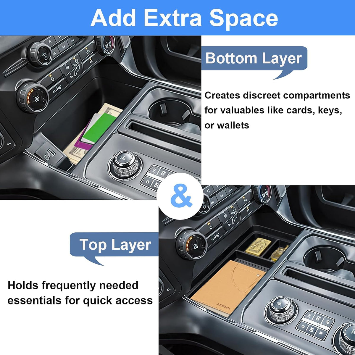 PIMCAR Center Console Organizer for 2021-2025 2026 Ford F150 & 2022-2025 F150 Lightning XLT Pro, Hidden Storage Tray with USB Hole Accessories (Fits into The Open Pocket in Front of The Shifter)