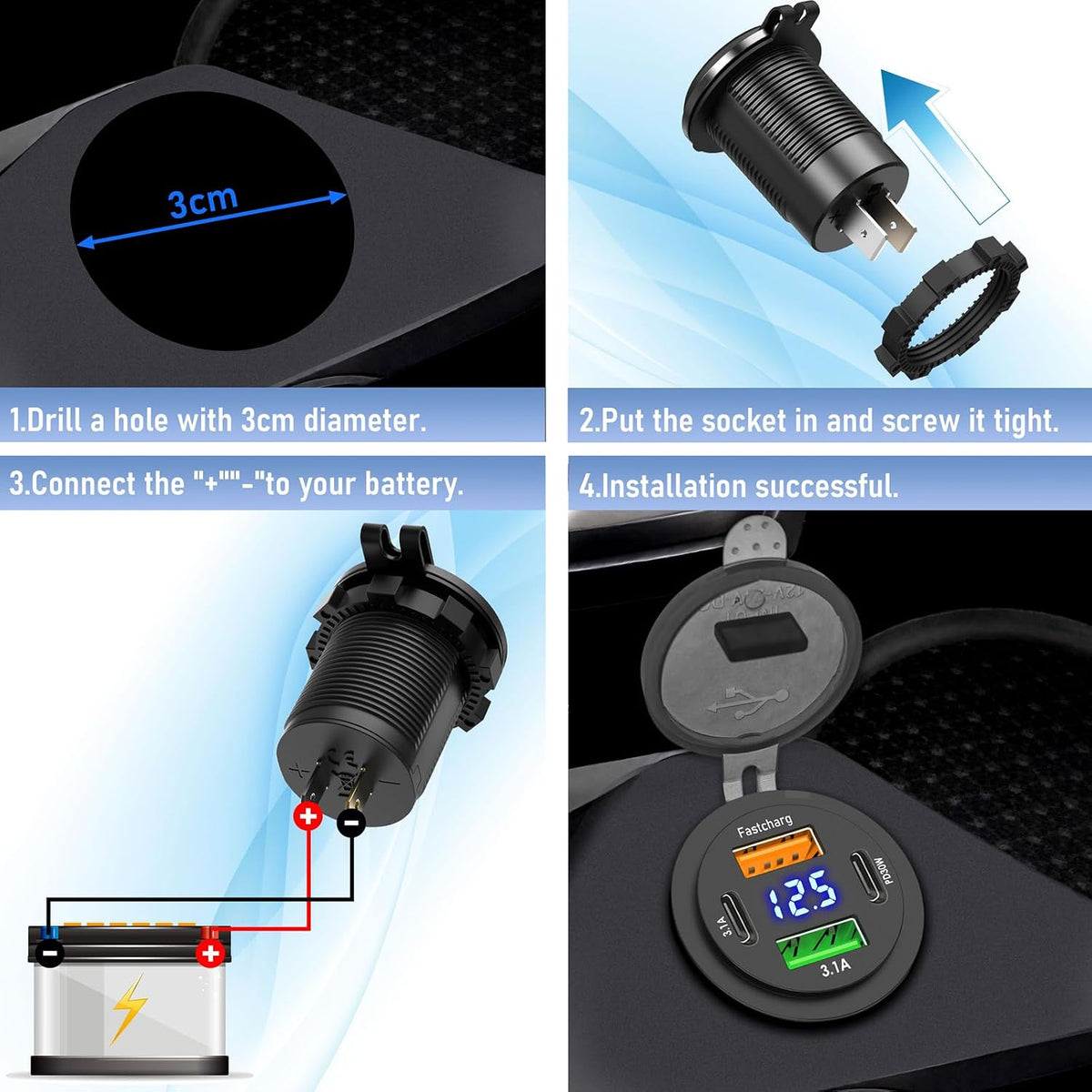 2 Pack 12V USB Outlet 4 Ports Dual USB C PD & Dual Quick Charge 3.0
