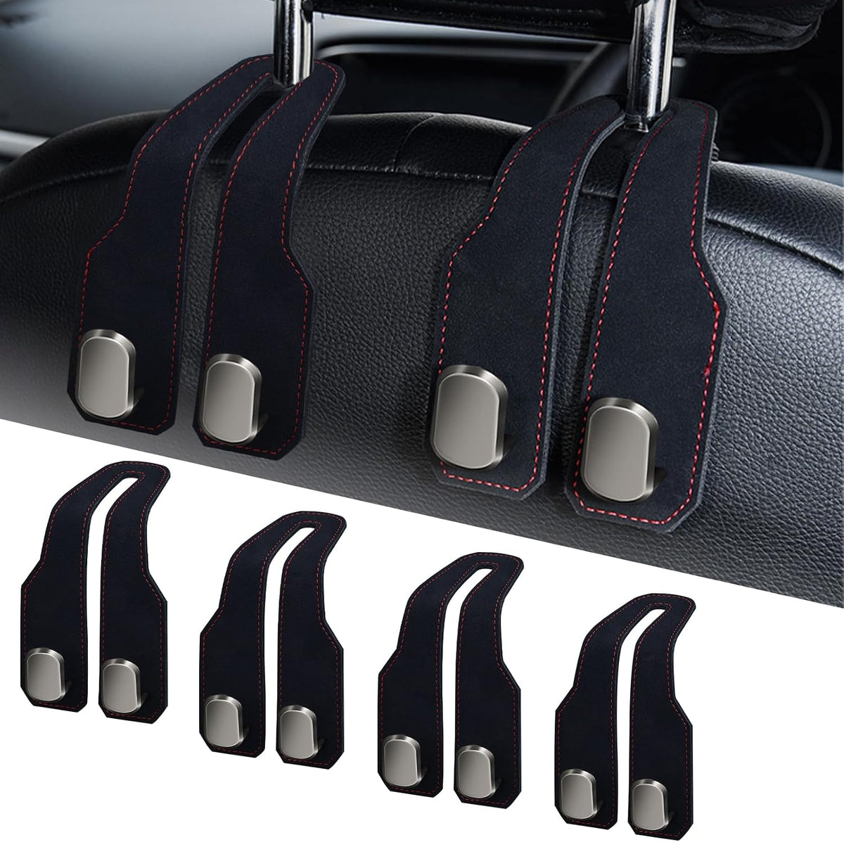 Car Purse Hook, Car Seat Headrest Hooks, Black Leather 4 Pack