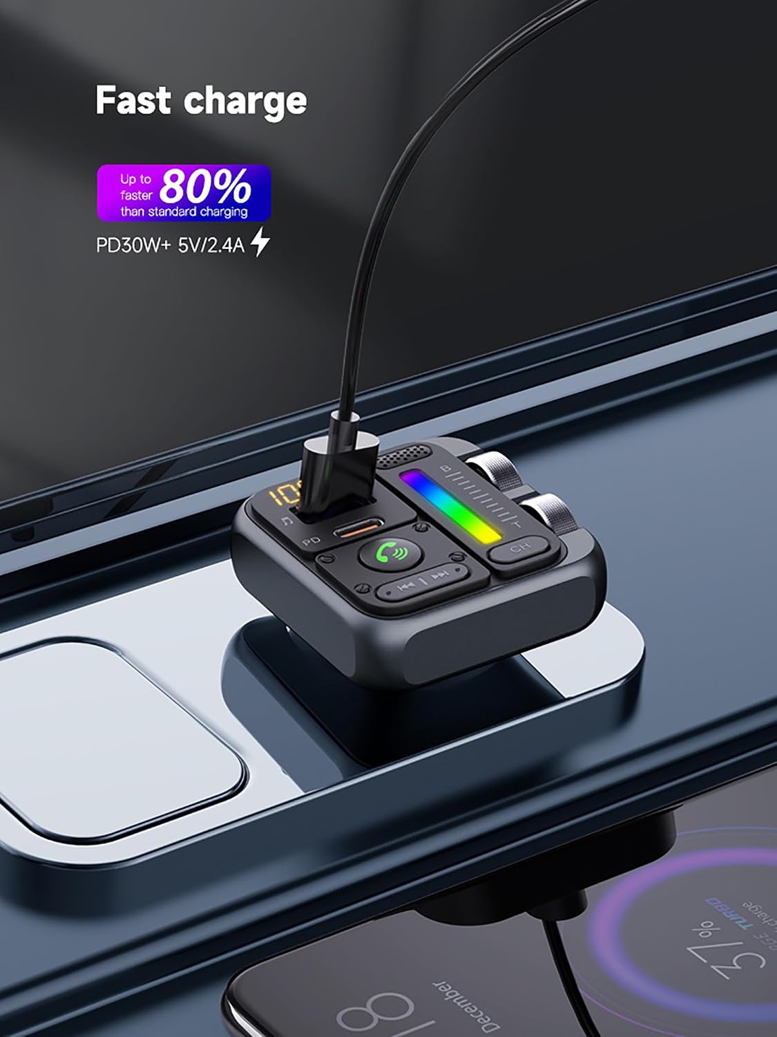 Bluetooth 5.0 Car FM Transmitter, QC3.0 Wireless Car Adapter Mp3 Music Player Car Kit with Hands-Free Calling, 7 Color LED Backlit Car Adapter