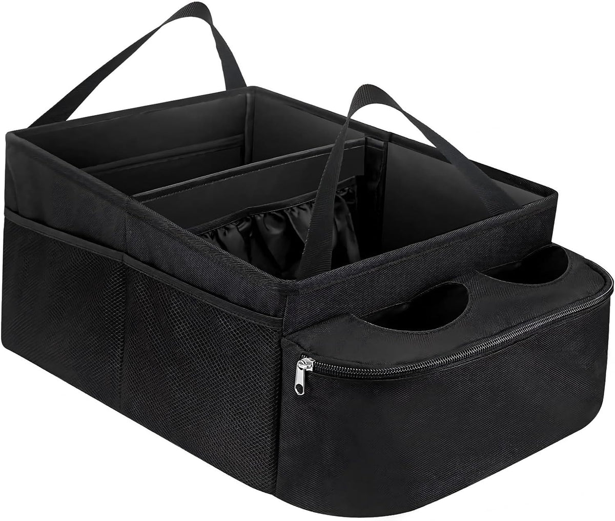Car Passenger Seat Organizer, Collapsible Oxford Fabric Car Organizer with Partitions & 2 Cup Holders, Multi-Purpose Large Capacity Storage Box for Front & Back Seats