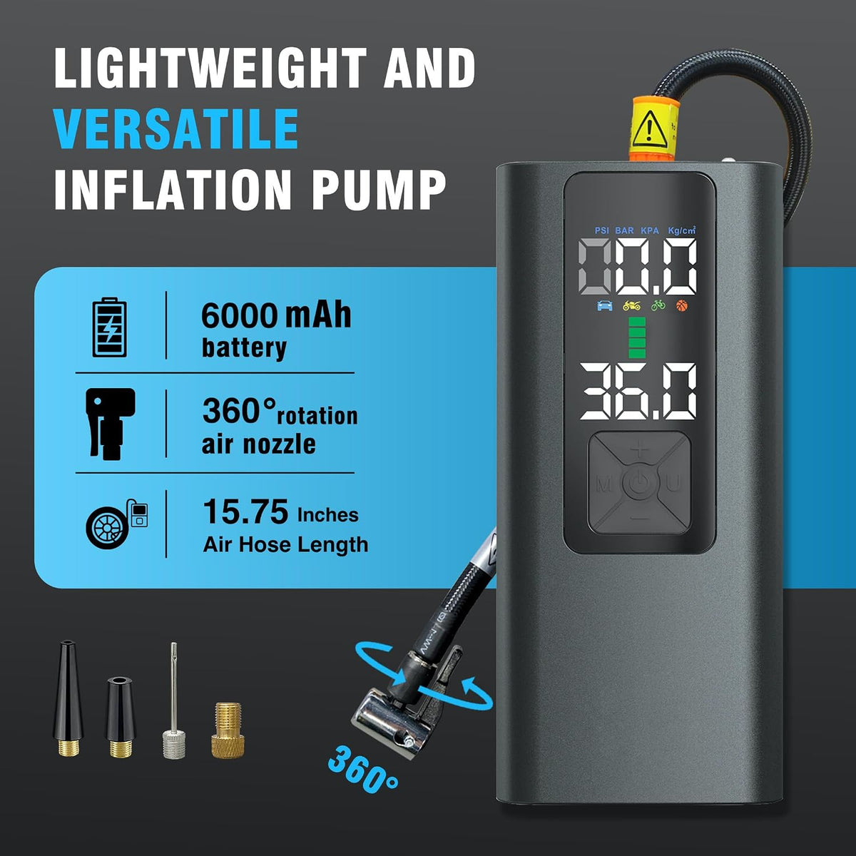 Tire Inflator Portable Air Compressor Auto Air Pump for Car Tire Car Accessories with Color Digital Pressure Gauge 4X Faster Inflation Rechargeable for Motorcycle Bike Ball Power Bank LED Light