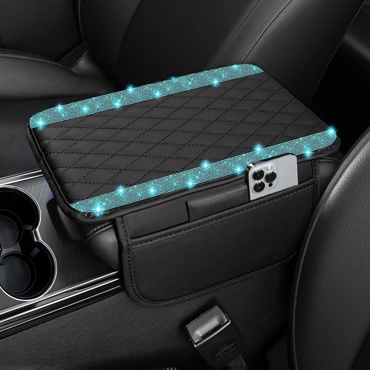 NBTEPEM Bling Car Center Console Cover, Leather Car Arm Rest Cover Cushion with 2 Storage Bags, Middle Console Cover Universal Armrest Protector Pads, Bling Accessories for Most Vehicles (Aquamarine)