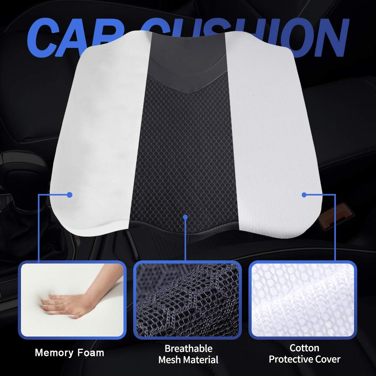 Car Seat Cushion, Comfortable Memory Foam Cushion for Driving, Auto Heightening Wedge Cushion for Sciatica Tailbone Pain Relief (Black)