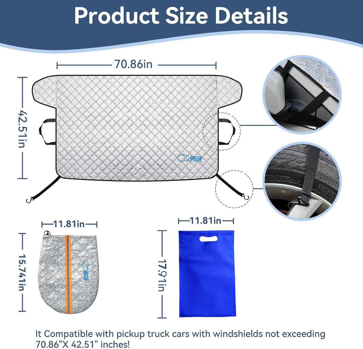 Big Hippo Thickened Car Windshield Cover for Ice and Snow,Sunshade. All-Weather Windproof Frost Protector to Save Morning Scrape Time, Fits Large SUVs & Pickup Trucks (70.86"x42.5"/Silver)