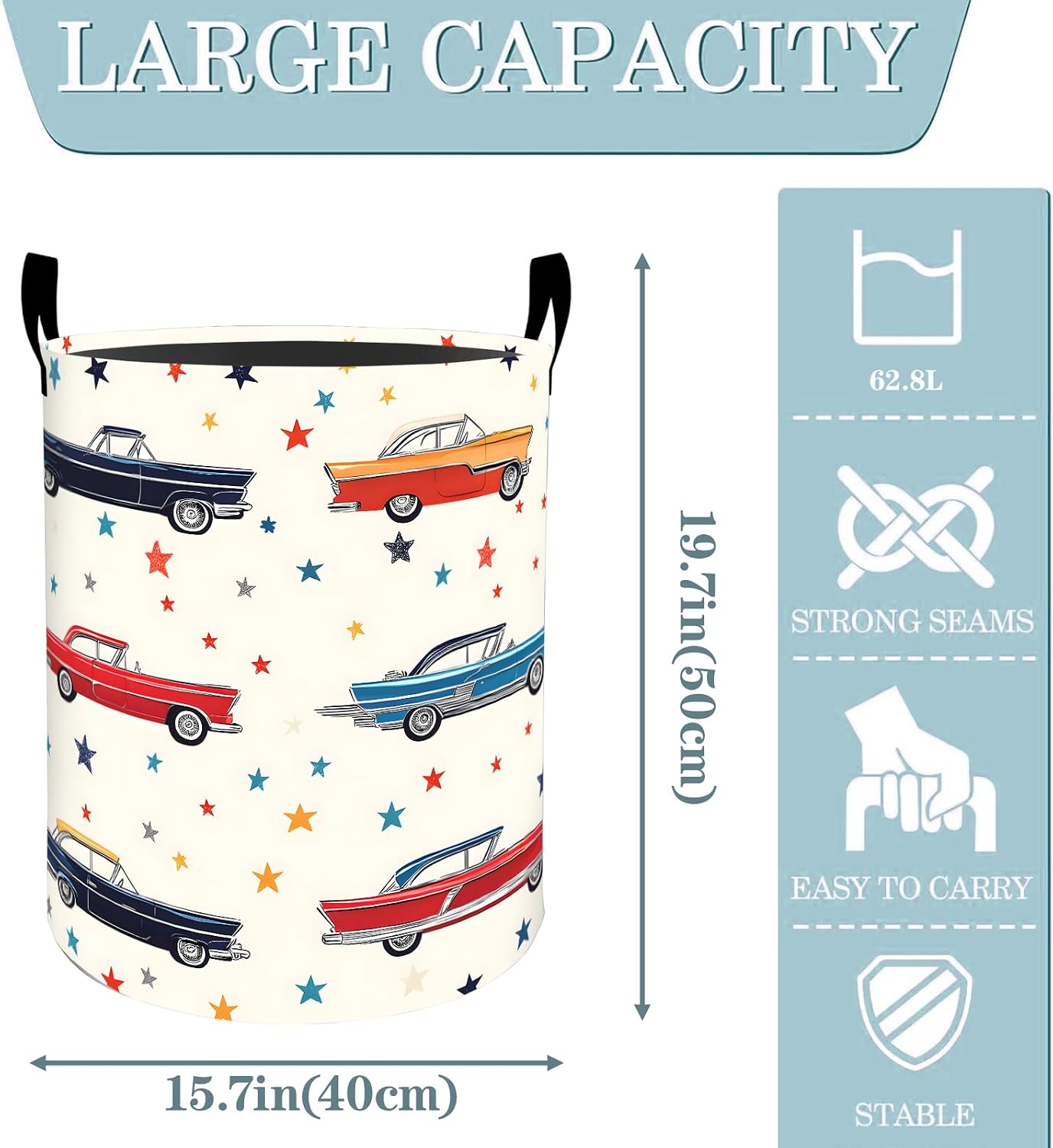 Vintage Classic Car Laundry Basket, Dirty Collapsible Clothes Toy Organizer Hamper for Kids Adults, Oxford Cloth Waterproof Storage Bin for Bedroom Bathroom Home Decor Gifts, 19.7"X15.7"