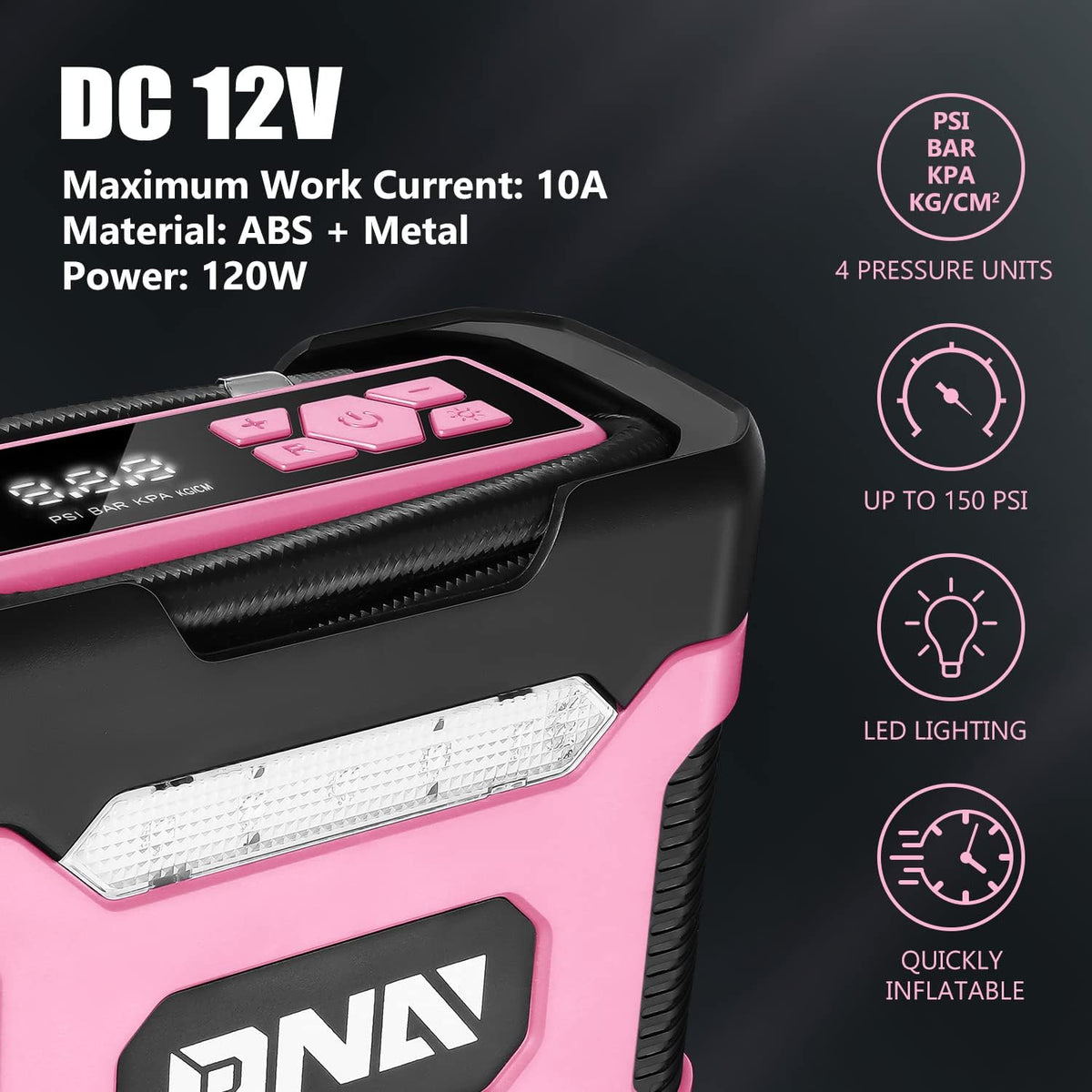 ‎DNA MOTORING TOOLS-00212 Pink 12V DC Digital Tire Inflator Portable Air Compressor with Pressure Gauge for Cars, Bicycles, Motorcycles,Balls