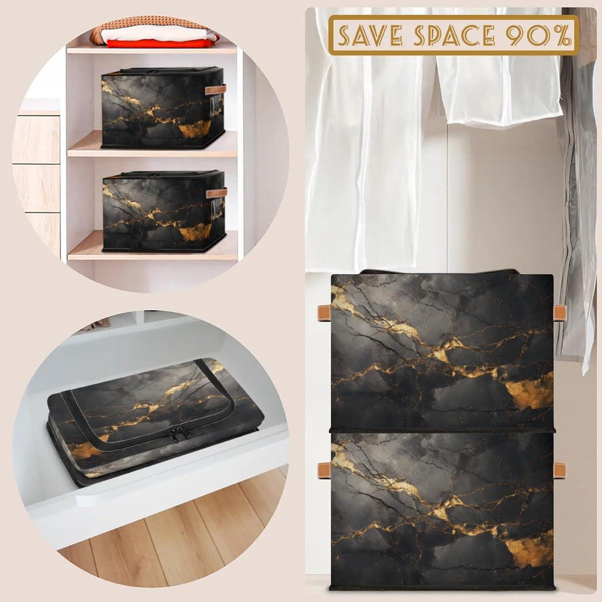 Black Gold Marble Storage Bins With Zipper Lid, Collapsible Trunk Organizer, Car Organizers and Storage Bins with Lids, Decorative Storage Boxes with Handle, Home Storage Baskets For Organizing