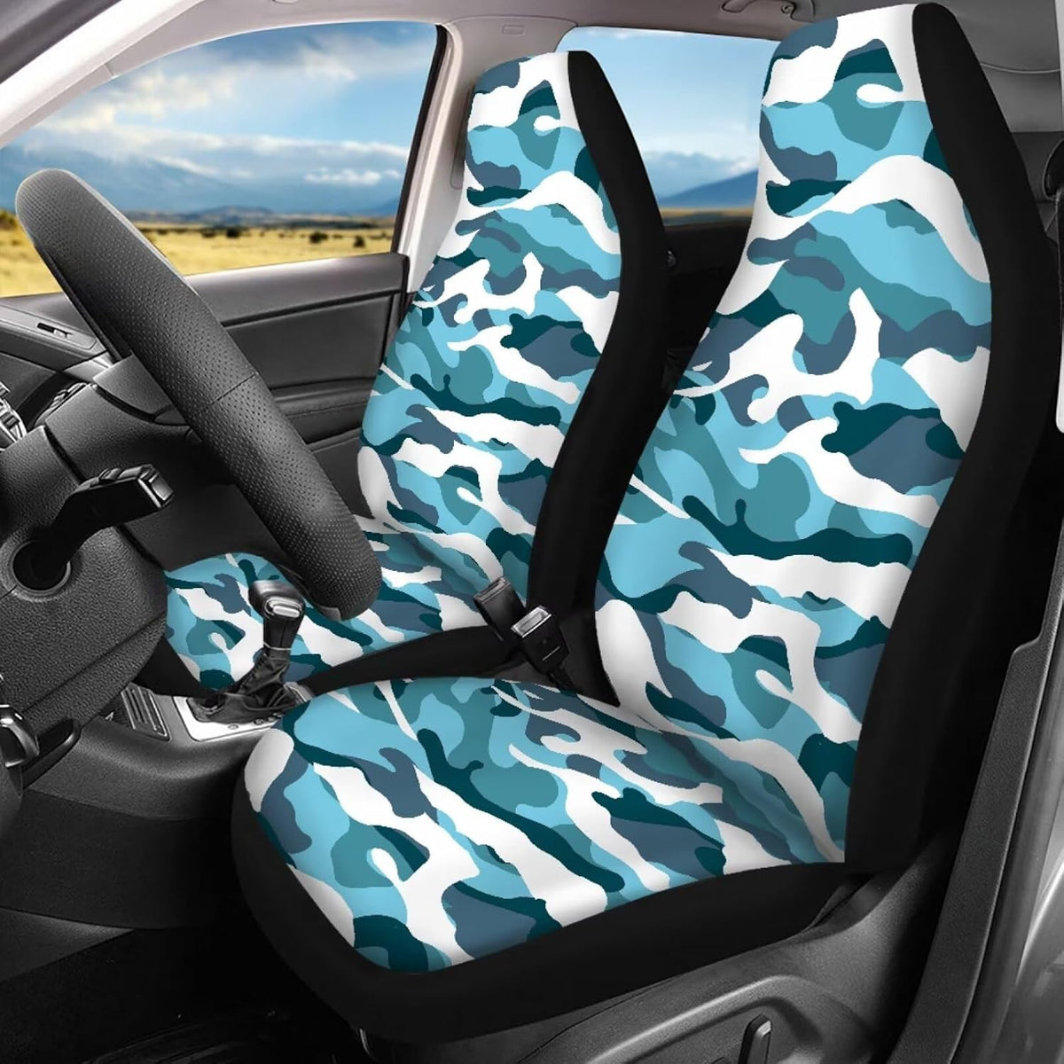 Howilath Art Blue Camo Car Seat Covers 4-Piece Set Universal Fit for Front & Rear Split Seats in SUVs, Trucks, and Sedans
