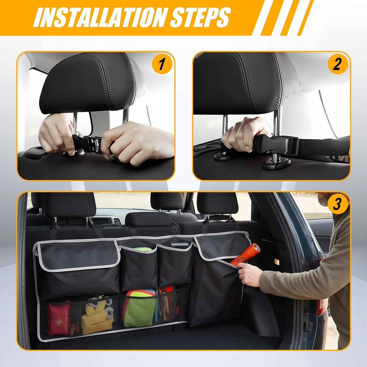 Car Trunk Storage Organizer, Waterproof Car Seat Organizer Backseat, Oxford Cloth & 8-Pocket, Collapsible Interior Accessories for SUV Truck MPV Van