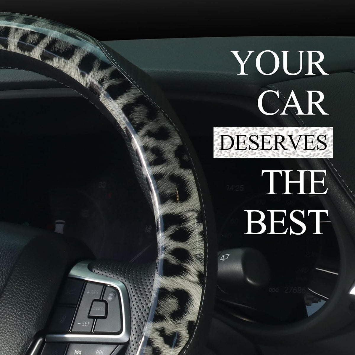 KAFEEK Black Leopard Print Steering Wheel Cover for Women, 15 Inch