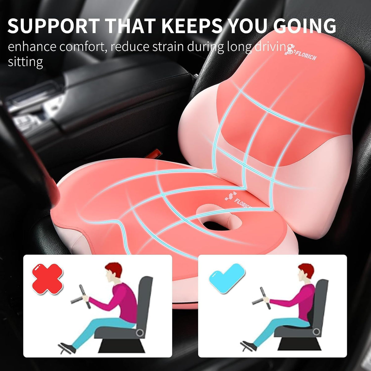FLORICH Seat Cushion and Lumbar Support Pillow for Office Chair Car Neck Headrest Pillow Memory Foam Seat Pads Pressure Relief Back Cushion and Carseat Pads(Purple Pink)