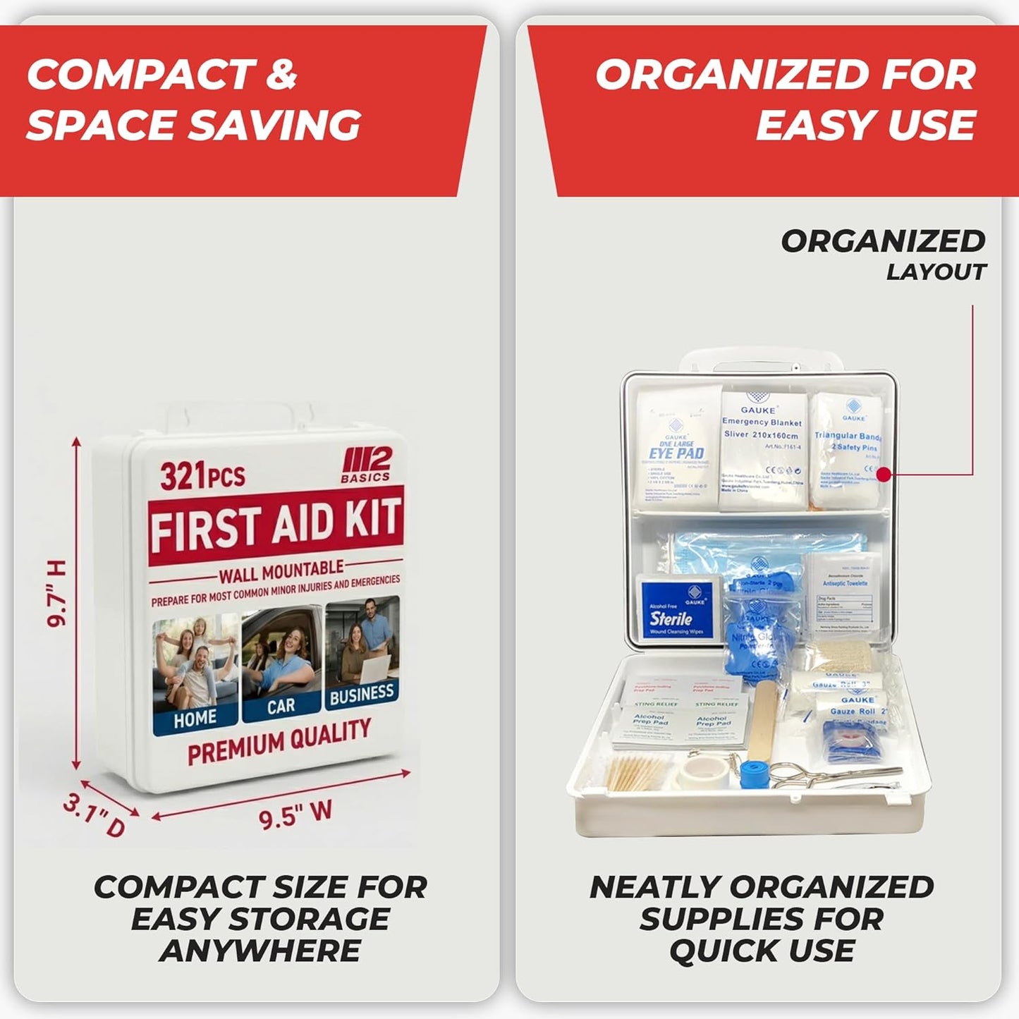 M2 BASICS 321 Piece Premium First Aid Kit, w/Hard Case for Home, Business | Office, Workplace, Warehouse, Vehicle, Jobsite, Garage, Family, Classroom, School, Kitchen, RV And Emergency Readiness