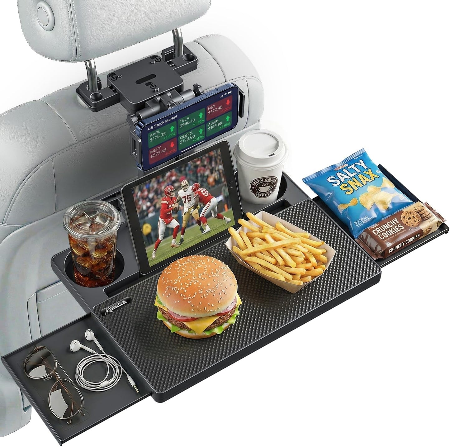 Car Back Seat Tray Table, Stable Foldable Auto Backseat Food Trays Desk for Rear Passenger Road Trip Eating & Work, Multifunctional Adjustable Travel Tray with Phone Drink Holder for Laptop iPad