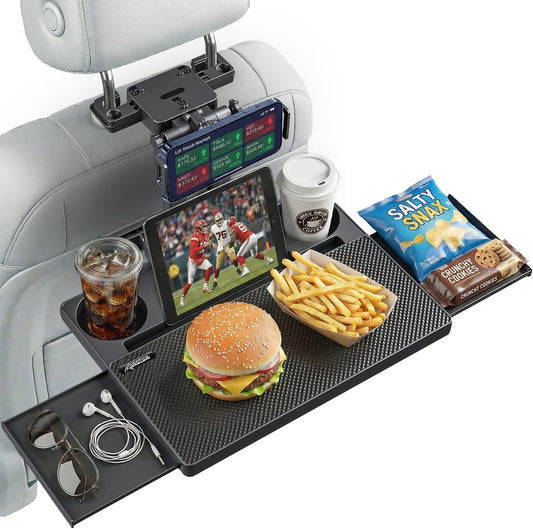 Car Back Seat Tray Table, Stable Foldable Auto Backseat Food Trays Desk for Rear Passenger Road Trip Eating & Work, Multifunctional Adjustable Travel Tray with Phone Drink Holder for Laptop iPad