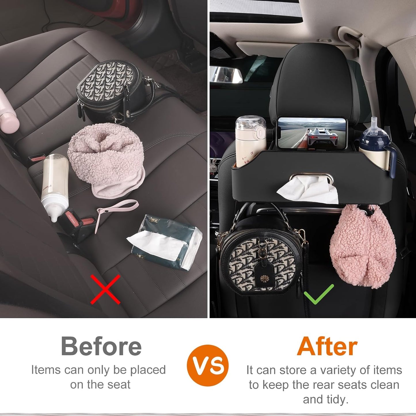 Car Rear Backseat Extra Multifunctional Drink Cup Holder Organizers with Tissue Storage Box Organizer & Hooks for Car Seat Back. Black