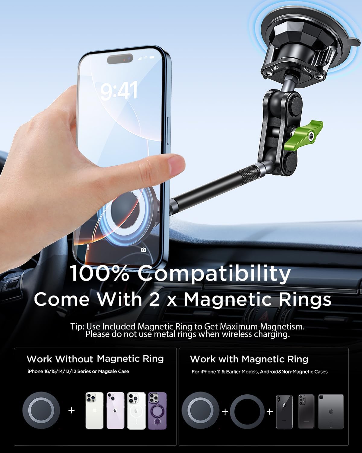 Magnetic Car Phone Holder, Ultra Stable Windshield Phone Mount, Strong Suction Cup & Powerful Magnetic, 360° Rotatable, Durable Premium Aluminum Alloy, for All Vehicles & All Smartphones