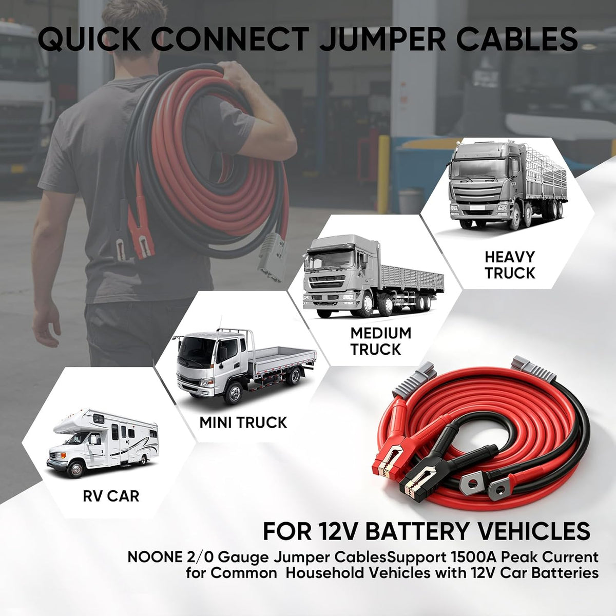 NOONE 2/0 Gauge 30 FT Heavy Duty Jumper Cables - 1500Amp Quick Connect