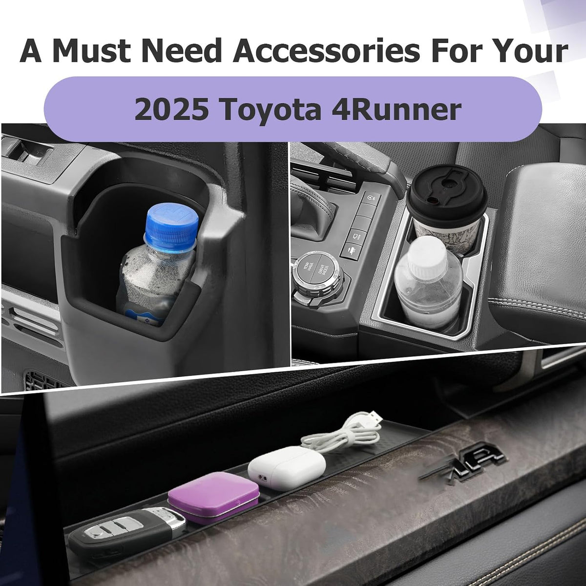 LUWU 2025 4Runner Accessories Compatible with 2025 Toyota 4Runner Center Console Cup Holder, Rear Seat Door Side Silicone Cup Holder, Passenger Side Storage Box Black 3-Pack