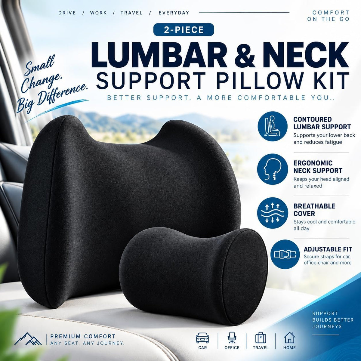 Lumbar & Neck Support Pillow Kit - Black - Back & Neck Support Pillow for Car & Office Chair - Memory Foam Pillow - Ergonomic Pillow for Neck & Back Pain