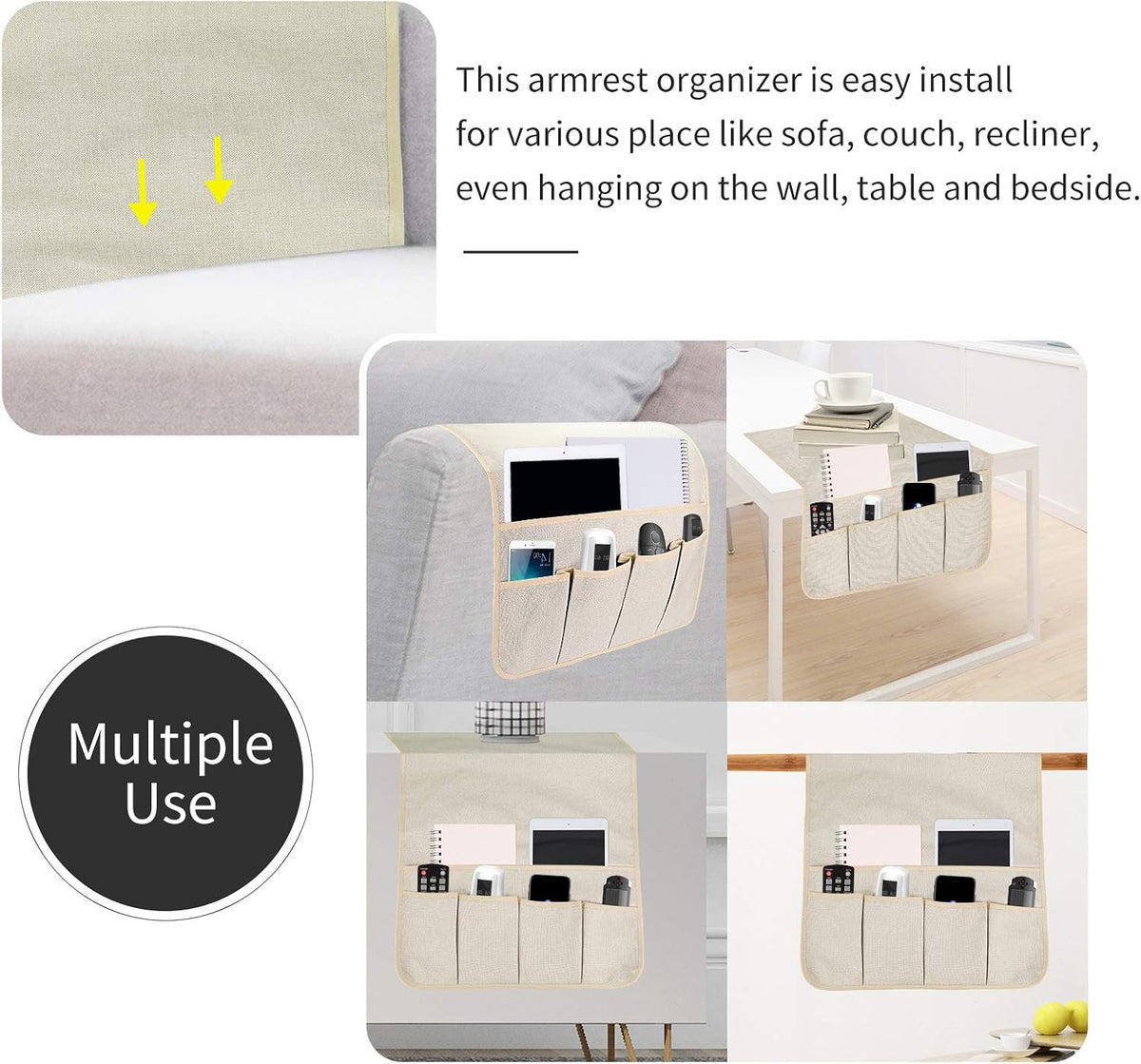 Sofa Armrest Organizer, Remote Control Holder for Recliner Couch, Arm Chair Caddy with 6 Pockets for Magazine, Tablet, Phone, iPad (Beige, W19'' x L33'')
