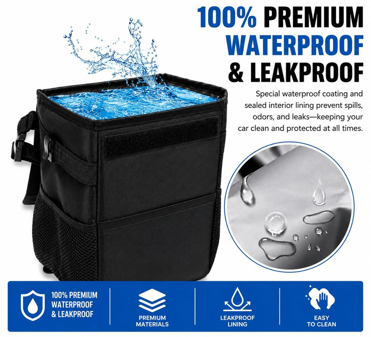 Car Trash Can Premium 3-Gallon Waterproof with Lid, Foldable Leakproof Auto Garbage Bin Organizer with Adjustable Strap, Reflective Interior & Mesh Storage Pockets (Black)