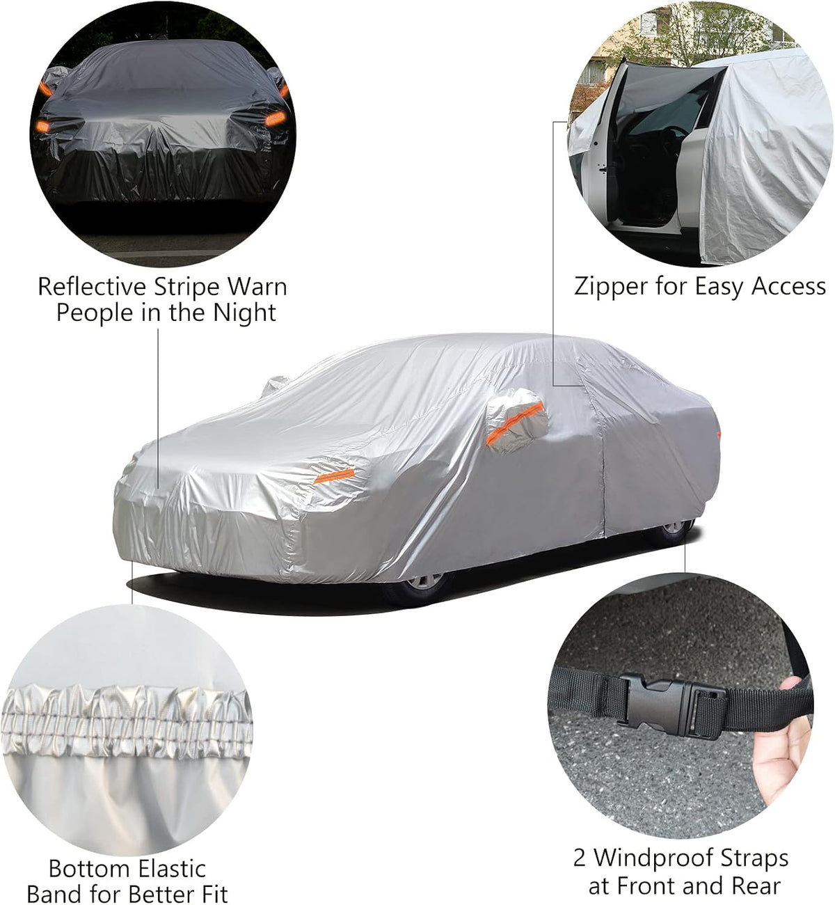SEAZEN Car Cover with Zipper, 2 Layer Full Car Covers Waterproof/UV Protection/Snowproof/Dustproof, Universal Car Cover (Fit Sedan-Length Up to 200")