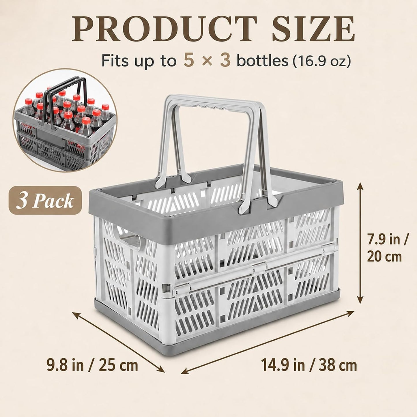 CYEAH 3 Pack Collapsible Shopping Baskets, 20L Foldable Plastic Storage Crates with Handles, Reusable Grocery Baskets for Car Trunk, Pantry, Garage, Kitchen, Picnic and Organizing, Holds 20 lbs Each