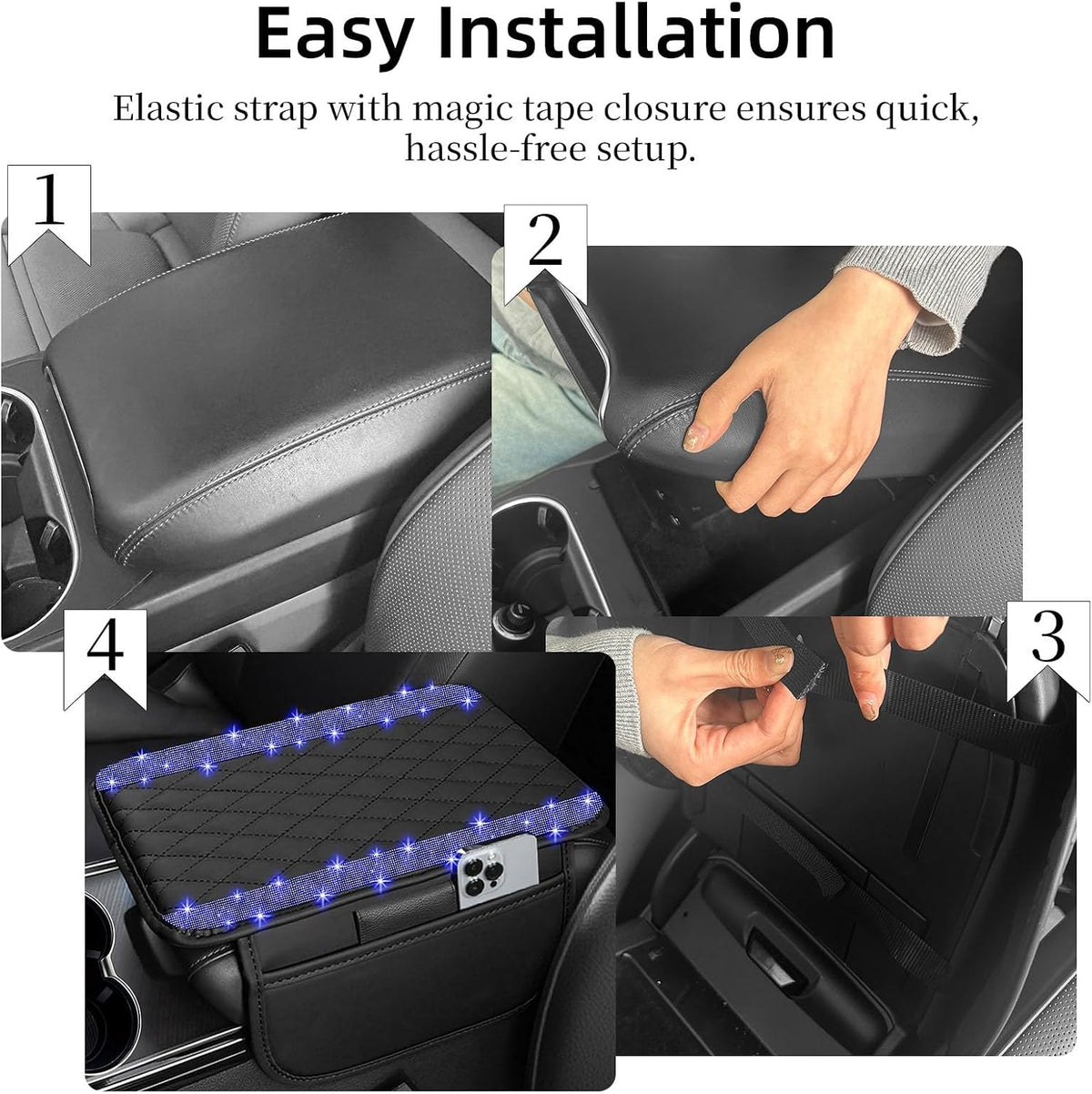 NBTEPEM Bling Car Center Console Cover, Leather Car Arm Rest Cover Cushion with 2 Storage Bags, Middle Console Cover Universal Armrest Protector Pads, Bling Accessories for Most Vehicles (Blue)